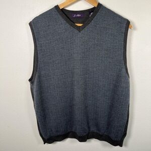 Vintage Mens 90s Y2K Merino Wool Sweater Vest Sz XL Herringbone Preppy Gray Blue